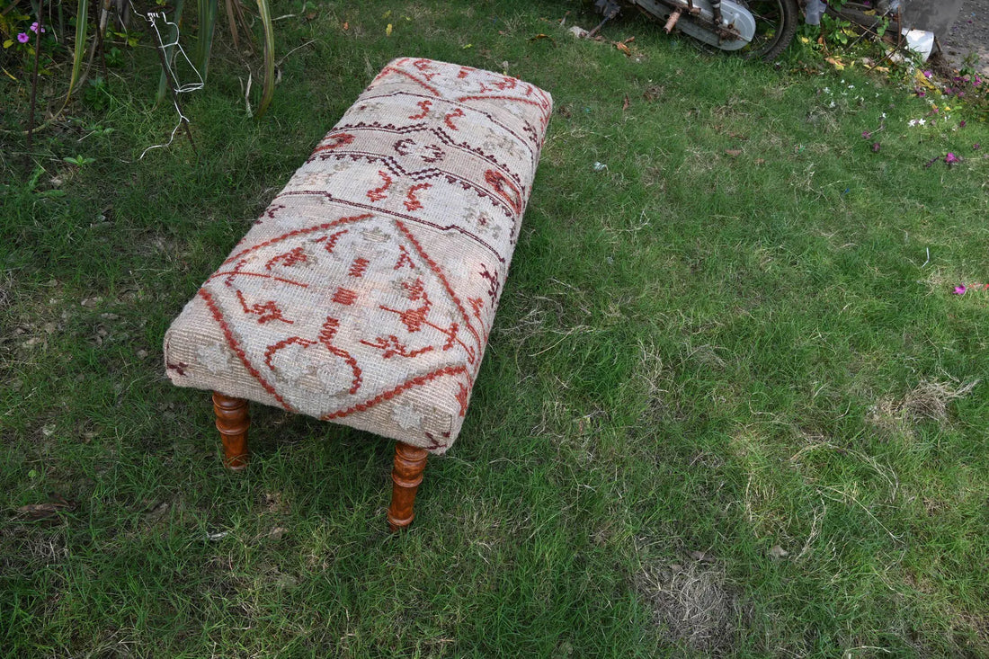 Handmade Kilim Bench – Wool Jute Upholstered Teak Wood Entryway & Piano Seating