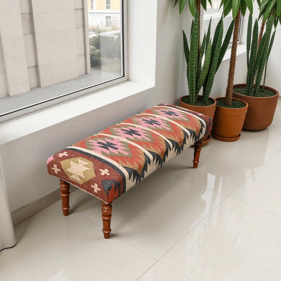 Handmade Kilim Entryway Bench – Wool Jute Upholstered Wooden Ottoman