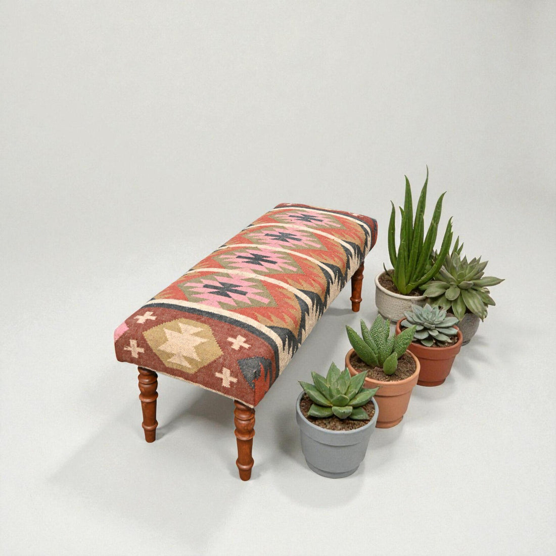 Handmade Kilim Entryway Bench – Wool Jute Upholstered Wooden Ottoman