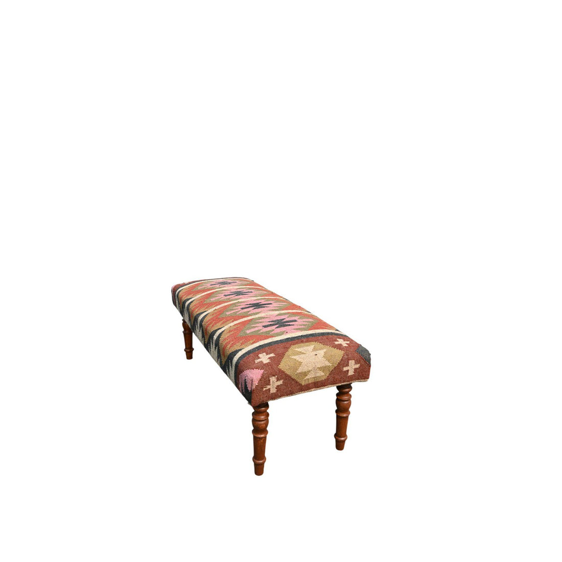 Handmade Kilim Entryway Bench – Wool Jute Upholstered Wooden Ottoman