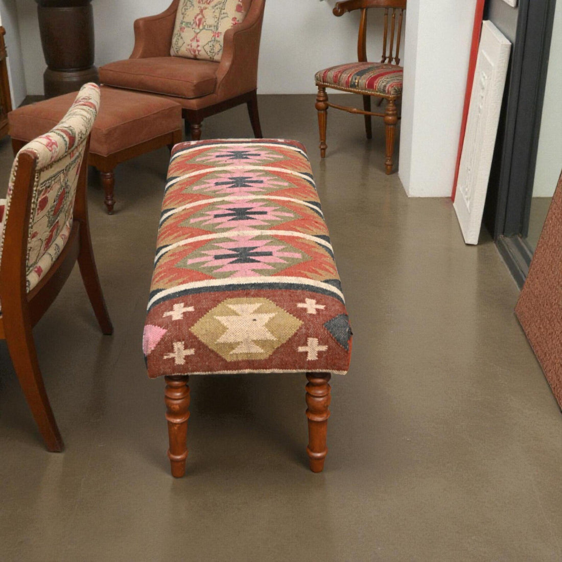 Handmade Kilim Entryway Bench – Wool Jute Upholstered Wooden Ottoman