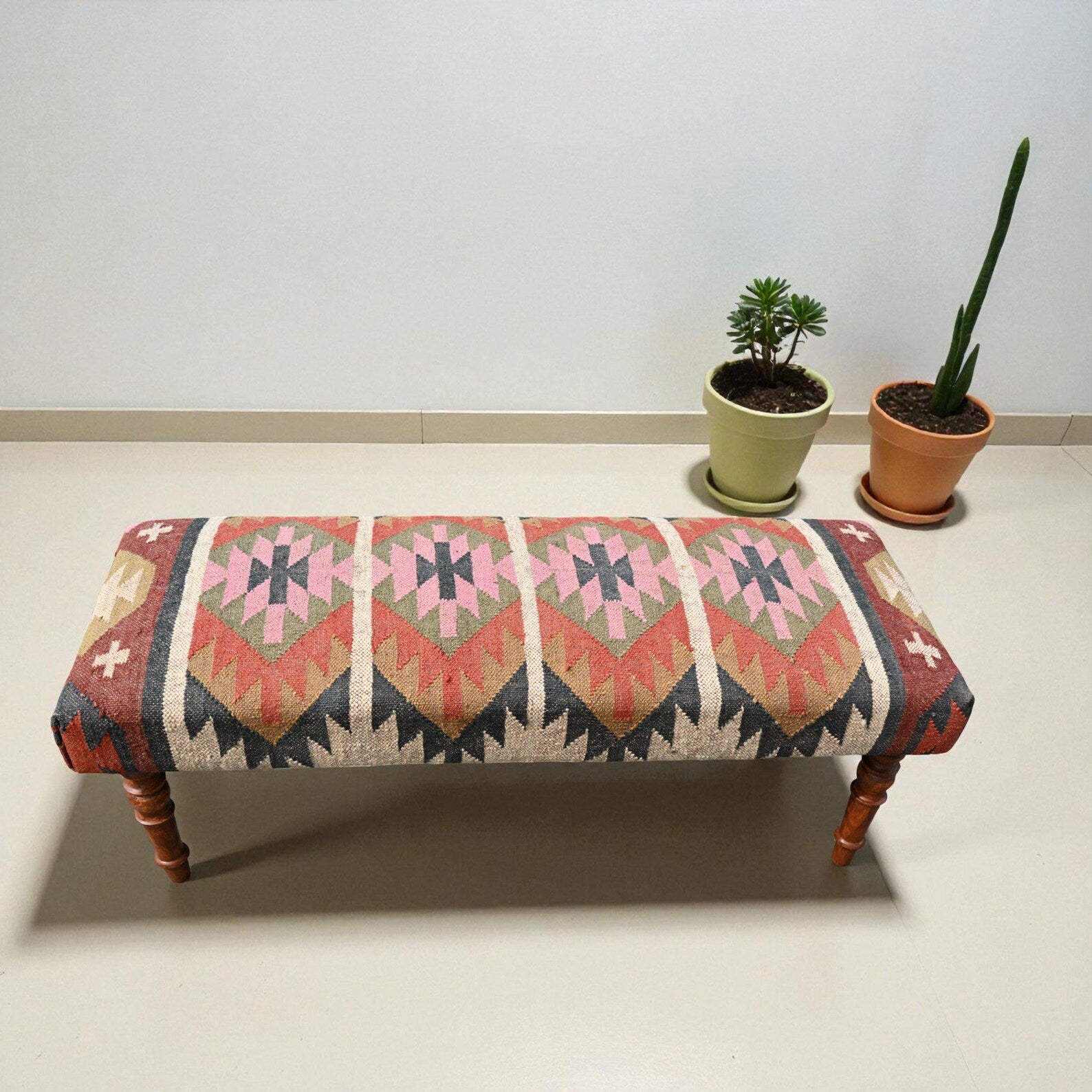 Handmade Kilim Entryway Bench – Wool Jute Upholstered Wooden Ottoman