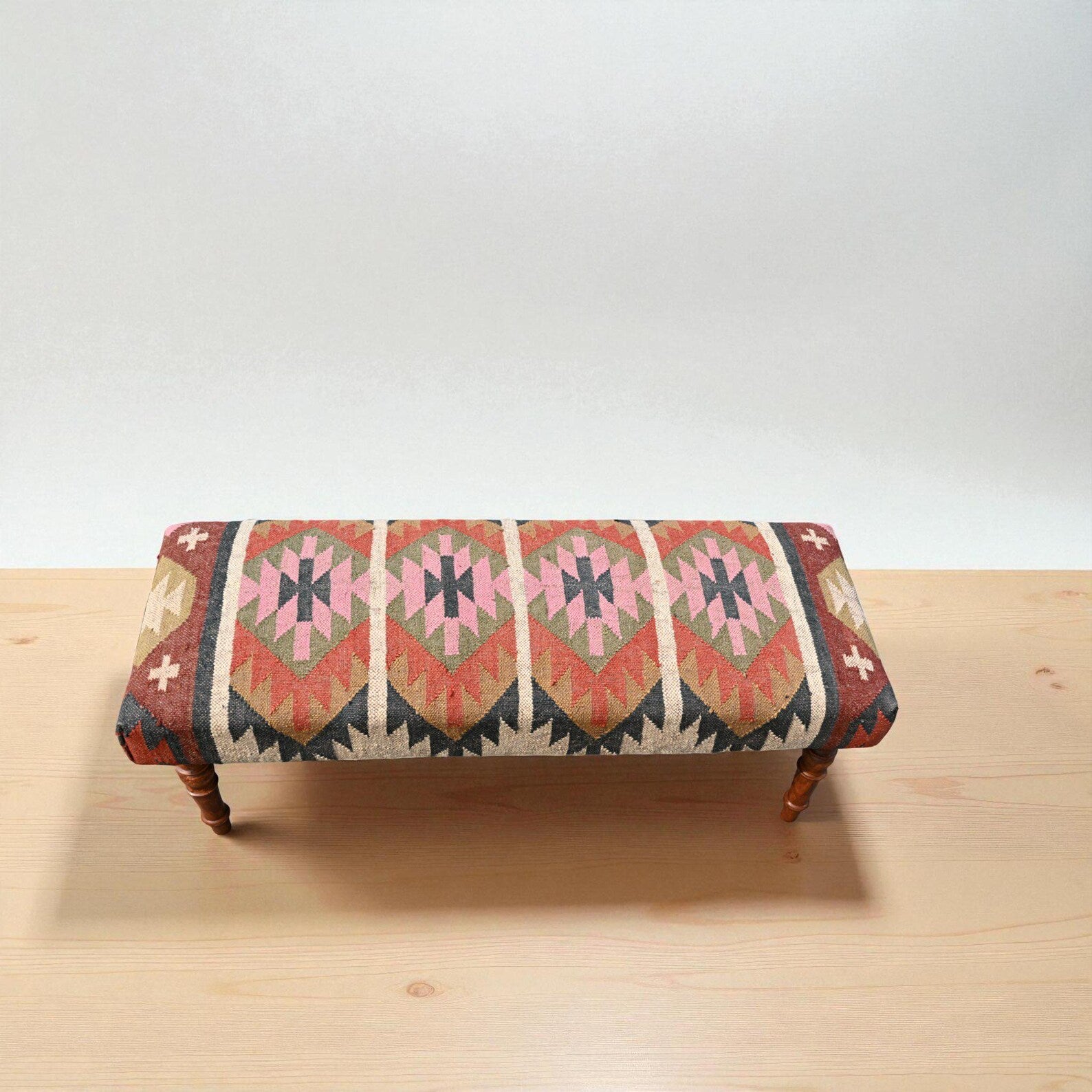 Handmade Kilim Entryway Bench – Wool Jute Upholstered Wooden Ottoman