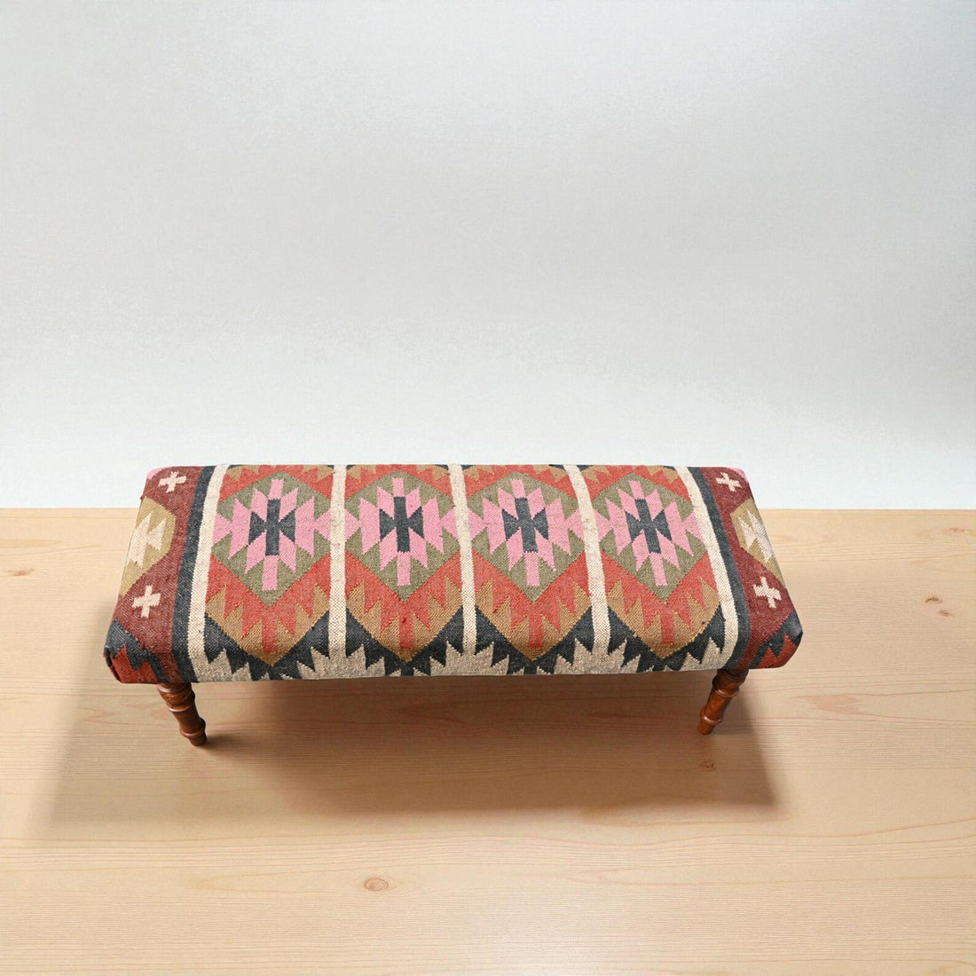 Handmade Kilim Entryway Bench – Wool Jute Upholstered Wooden Ottoman