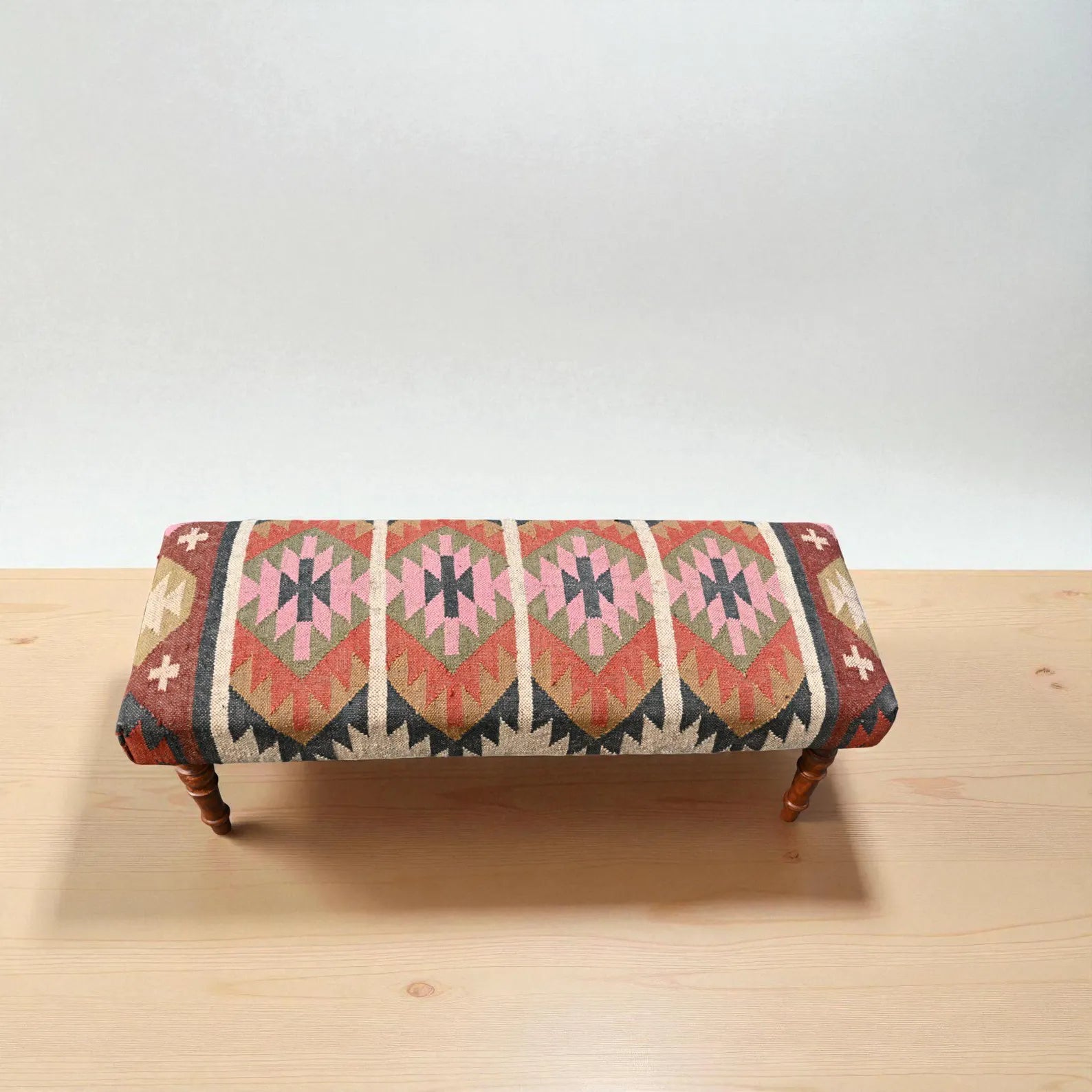 Handmade Kilim Bench – Teak Wood Wool Jute Entryway & Piano Seating