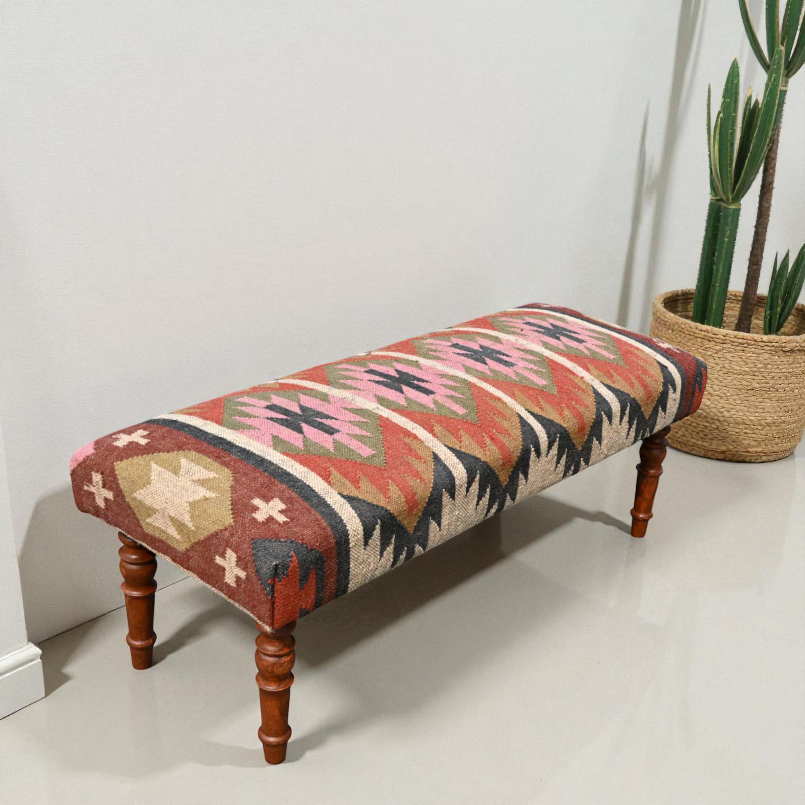 Handmade Kilim Entryway Bench – Wool Jute Upholstered Wooden Ottoman