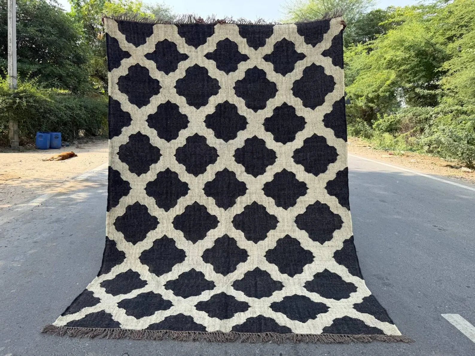 Handwoven Moroccan Wool Jute Area Rug, Reversible Black Ivory Kilim Rug, Geometric Trellis Flatweave Carpet, Boho Farmhouse Rug, Custom Size
