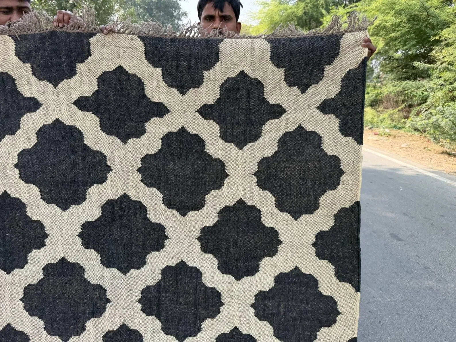 Handwoven Moroccan Wool Jute Area Rug, Reversible Black Ivory Kilim Rug, Geometric Trellis Flatweave Carpet, Boho Farmhouse Rug, Custom Size