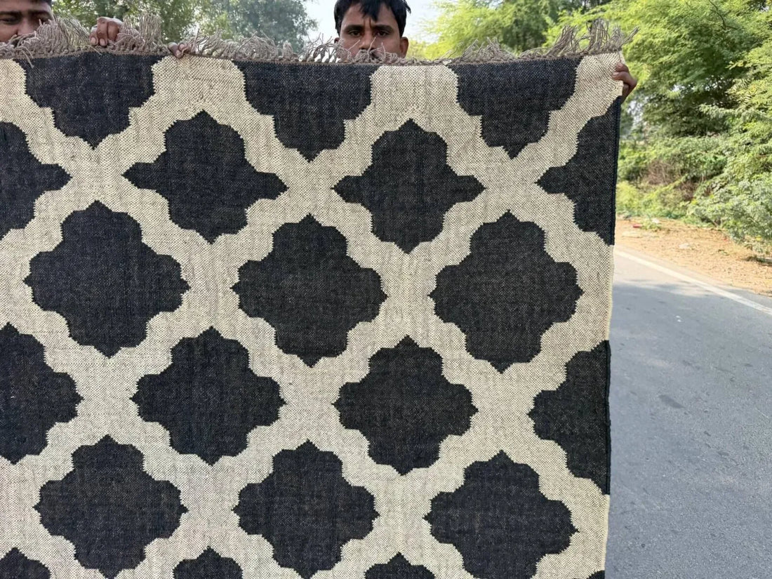 Handwoven Moroccan Wool Jute Area Rug, Reversible Black Ivory Kilim Rug, Geometric Trellis Flatweave Carpet, Boho Farmhouse Rug, Custom Size