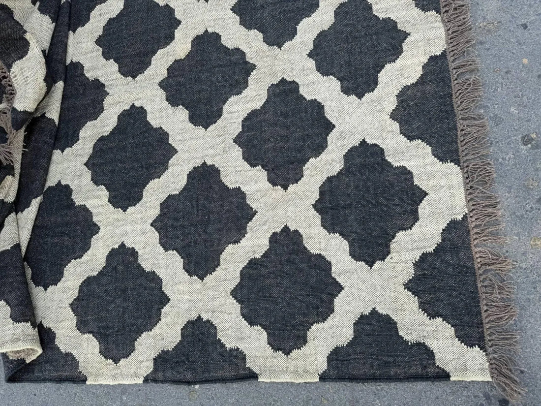 Handwoven Moroccan Wool Jute Area Rug, Reversible Black Ivory Kilim Rug, Geometric Trellis Flatweave Carpet, Boho Farmhouse Rug, Custom Size