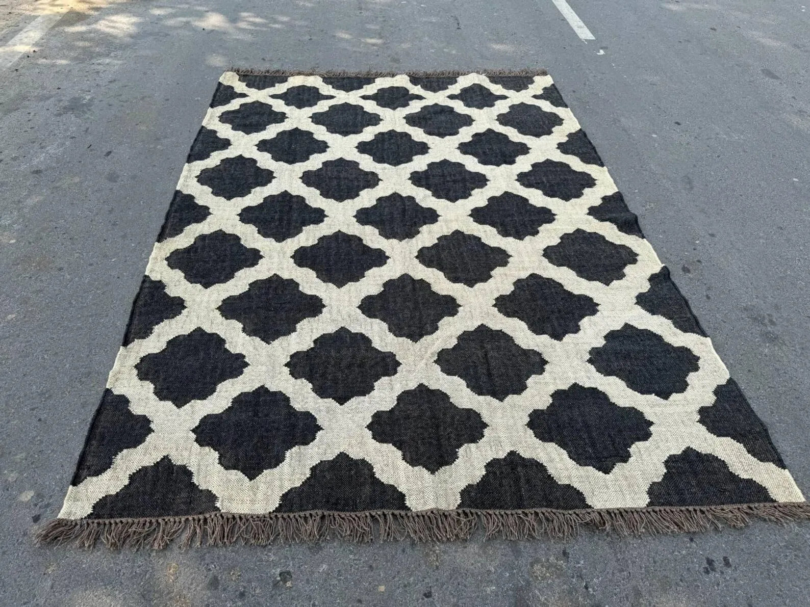 Handwoven Moroccan Wool Jute Area Rug, Reversible Black Ivory Kilim Rug, Geometric Trellis Flatweave Carpet, Boho Farmhouse Rug, Custom Size