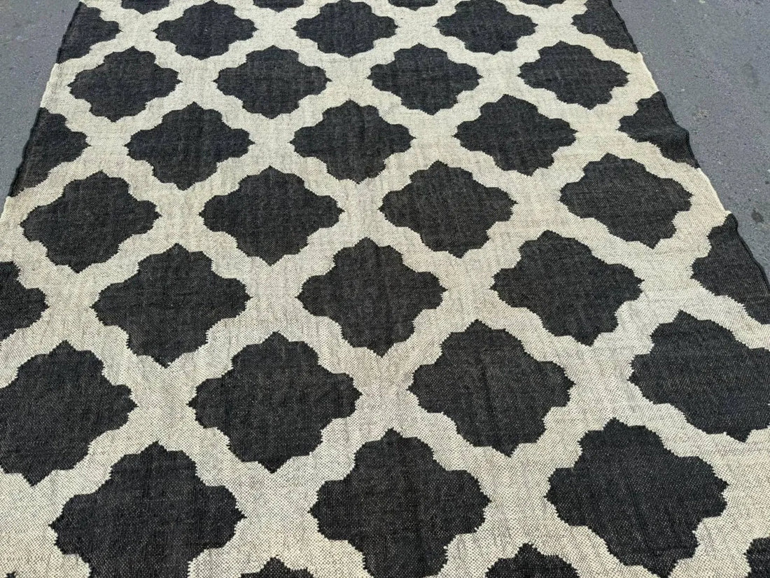 Handwoven Moroccan Wool Jute Area Rug, Reversible Black Ivory Kilim Rug, Geometric Trellis Flatweave Carpet, Boho Farmhouse Rug, Custom Size