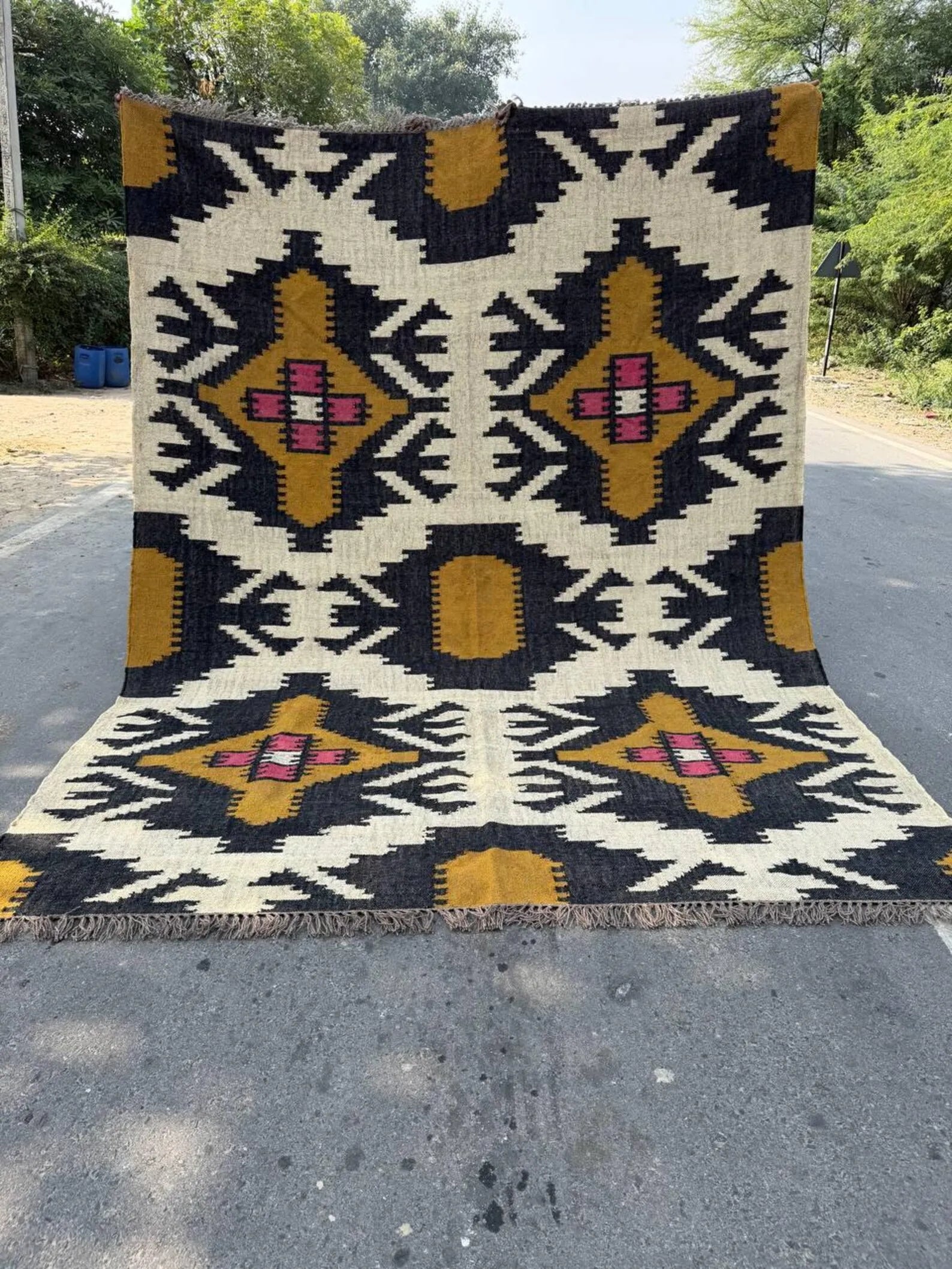 Handmade Wool Jute Kilim Rug, Southwestern Geometric Area Rug, Reversible Flatweave Dhurrie Carpet, Boho Rustic Floor Rug, Custom Size Available