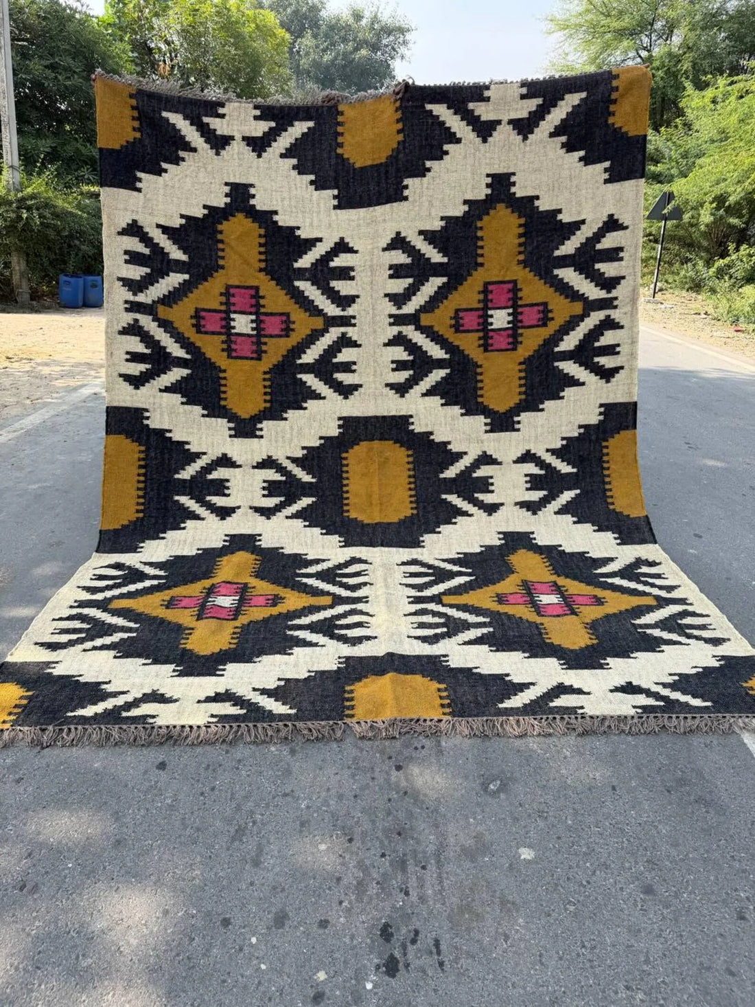 Handmade Wool Jute Kilim Rug, Southwestern Geometric Area Rug, Reversible Flatweave Dhurrie Carpet, Boho Rustic Floor Rug, Custom Size Available
