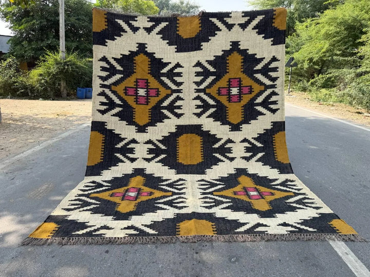 Handmade Wool Jute Kilim Rug, Southwestern Geometric Area Rug, Reversible Flatweave Dhurrie Carpet, Boho Rustic Floor Rug, Custom Size Available