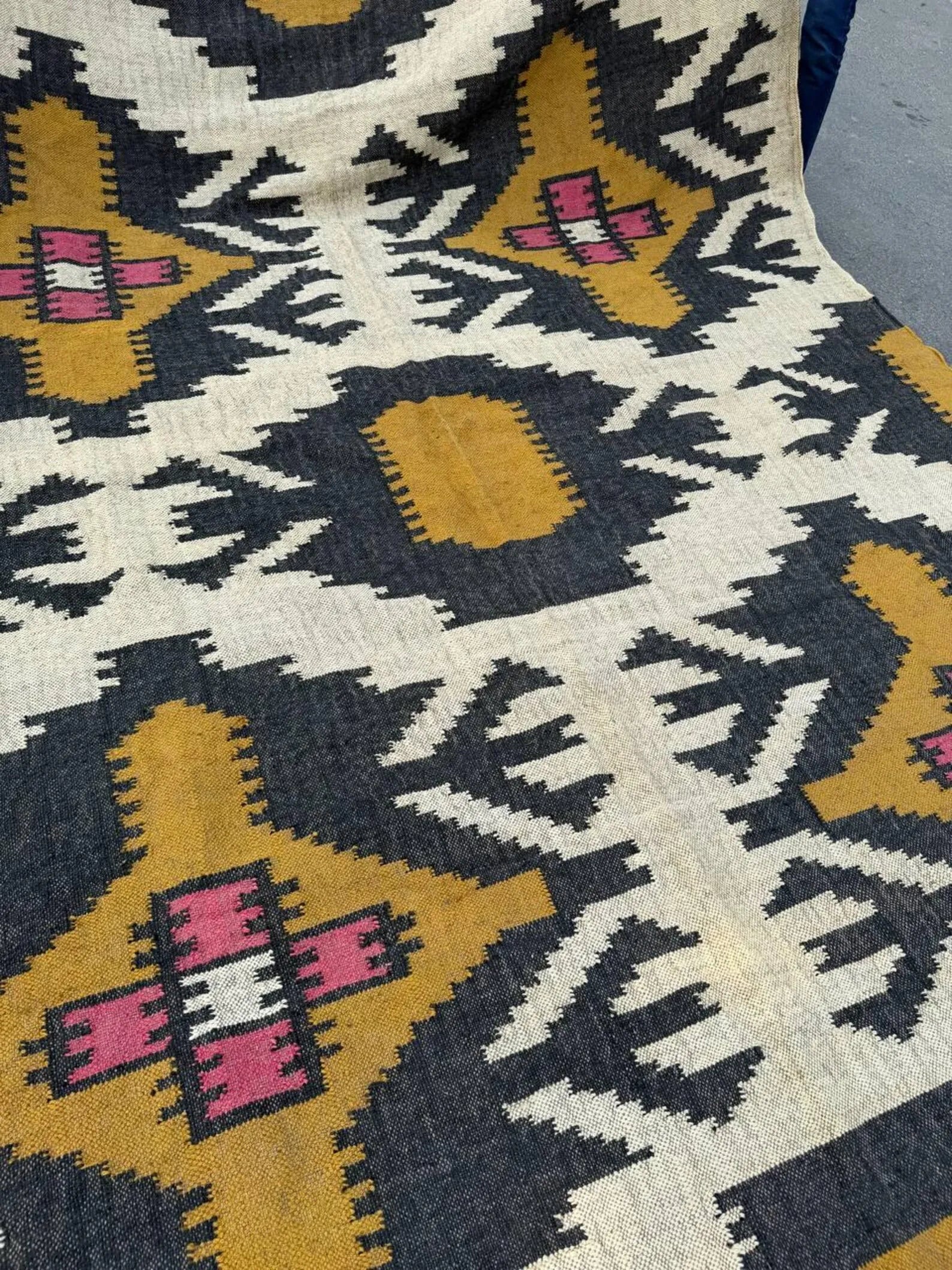 Handmade Wool Jute Kilim Rug, Southwestern Geometric Area Rug, Reversible Flatweave Dhurrie Carpet, Boho Rustic Floor Rug, Custom Size Available