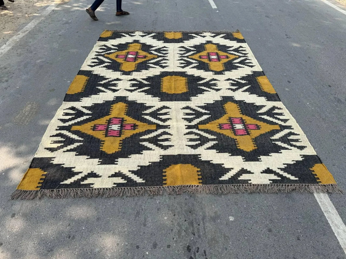 Handmade Wool Jute Kilim Rug, Southwestern Geometric Area Rug, Reversible Flatweave Dhurrie Carpet, Boho Rustic Floor Rug, Custom Size Available