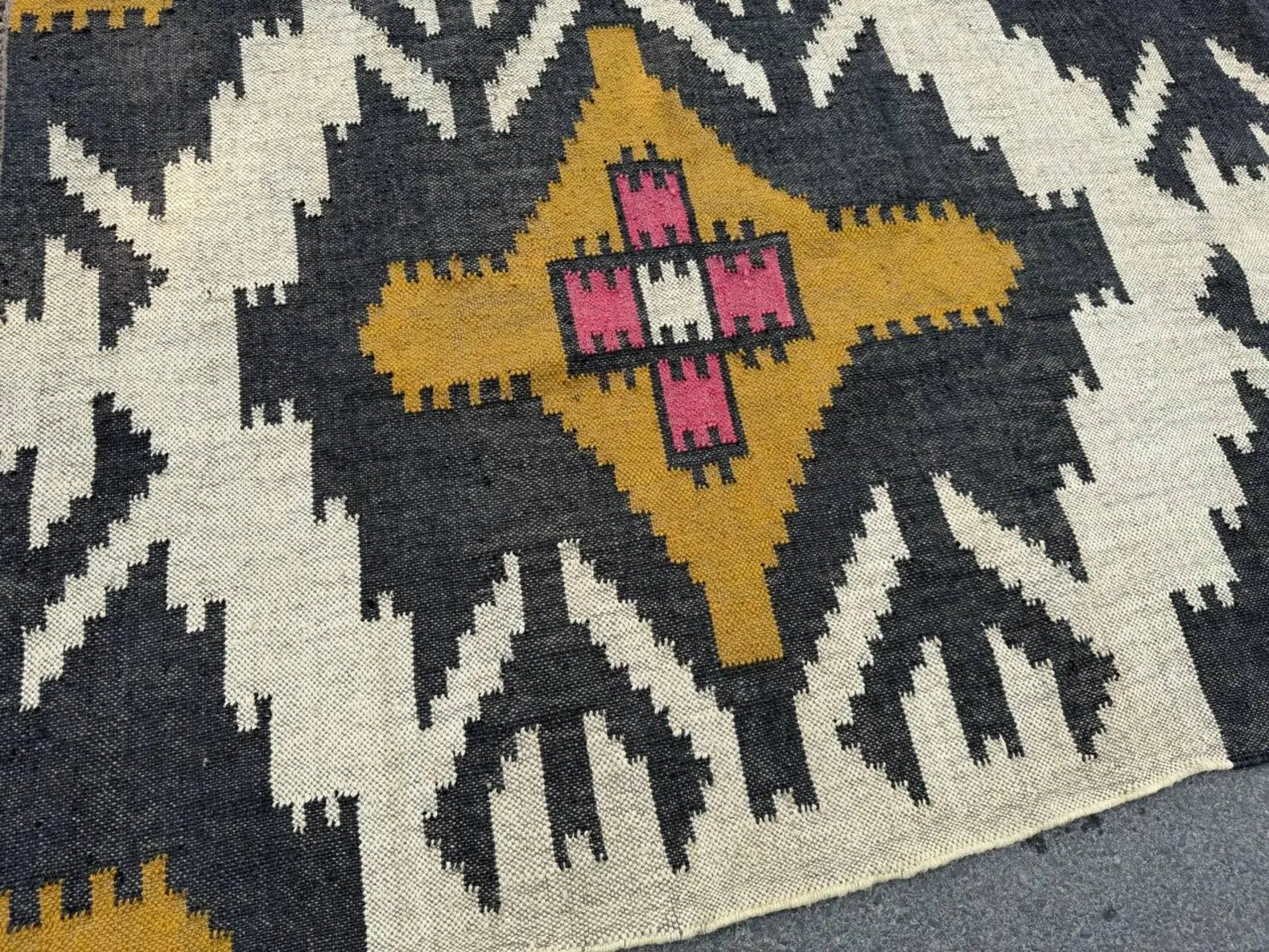 Handmade Wool Jute Kilim Rug, Southwestern Geometric Area Rug, Reversible Flatweave Dhurrie Carpet, Boho Rustic Floor Rug, Custom Size Available