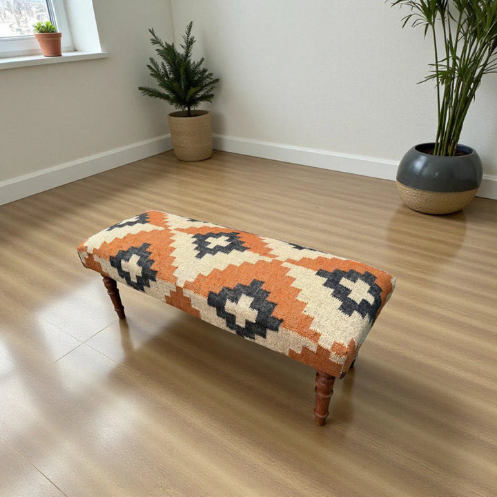 Handmade Kilim Bench – Teak Wood Wool & Jute Entryway, Piano & Ottoman Seating