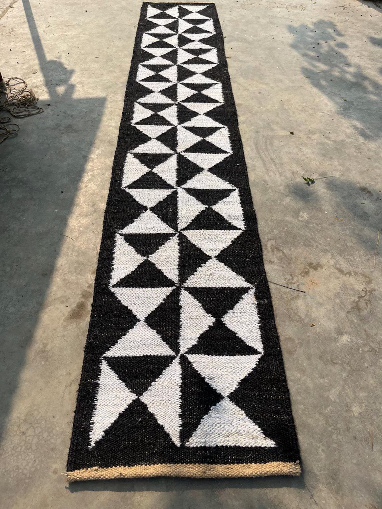 Handwoven Hemp Jute Runner with Black Natural Cross Motifs in Traditional Loomed Style