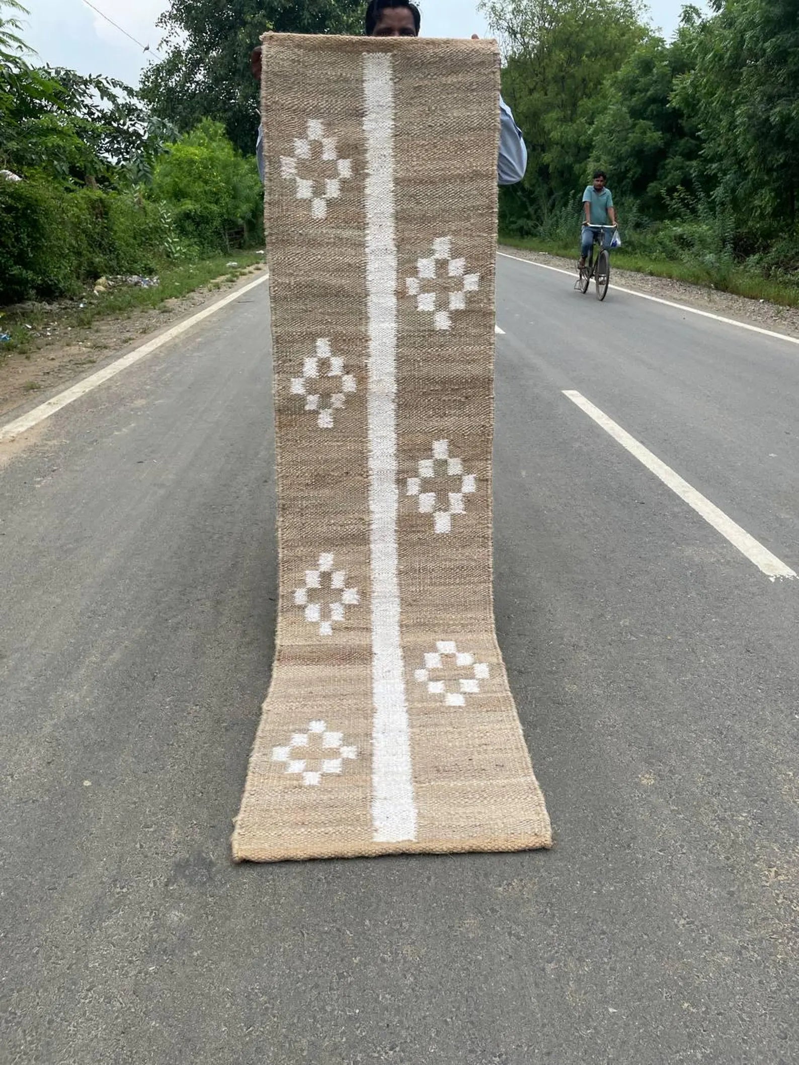 Handmade Natural & Off-White Jute Runner Rug for Rustic Hallways