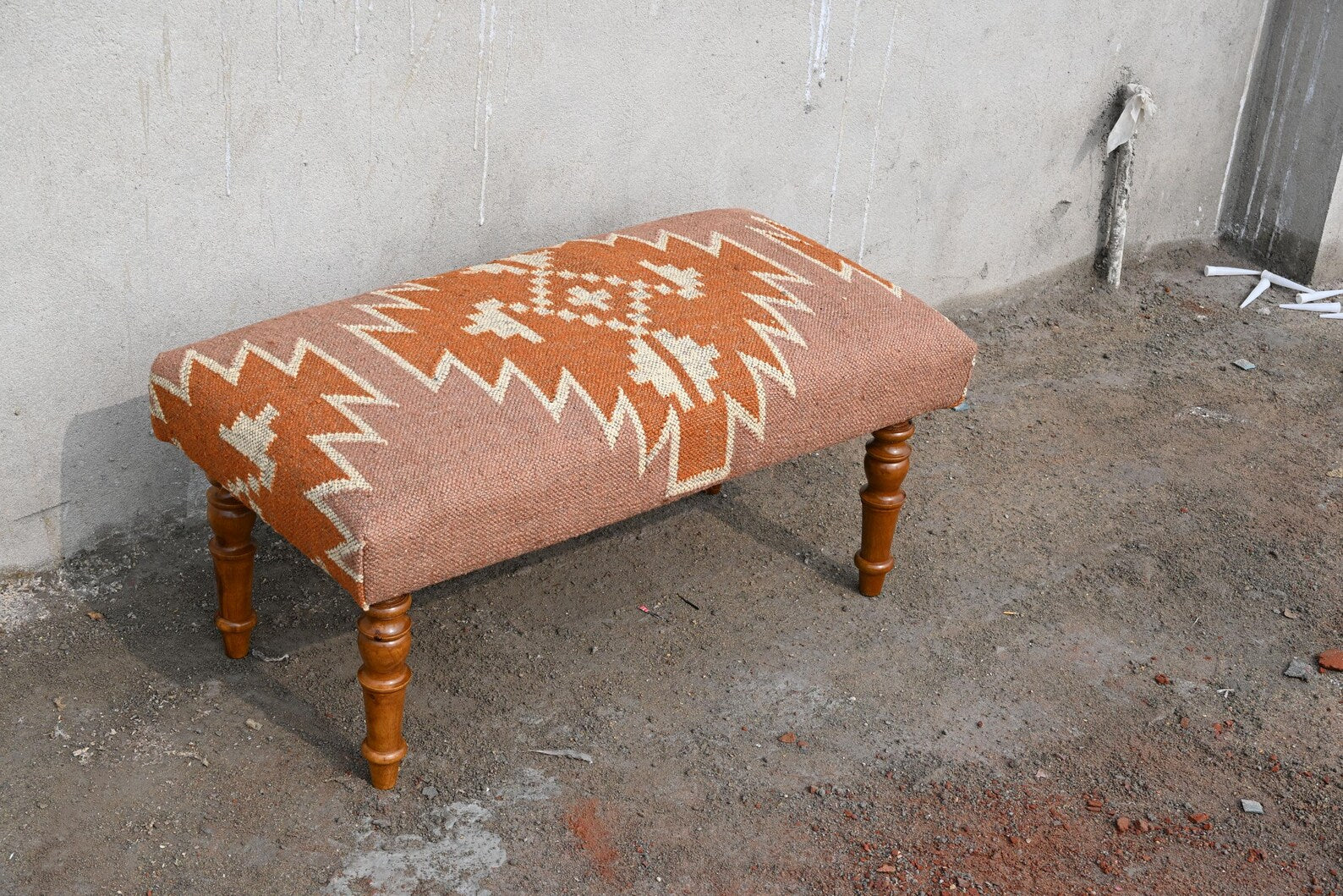 Handmade Indian Kilim Bench – Upholstered Wool Jute Ottoman Seat Rustic Elegance with Ethnic Character