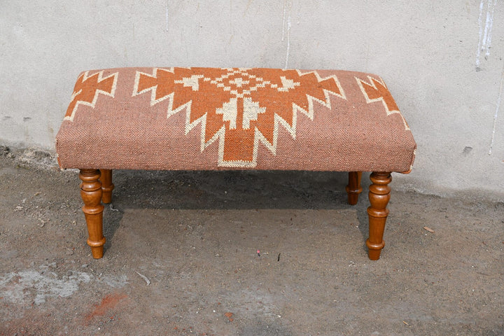 Handmade Indian Kilim Bench – Upholstered Wool Jute Ottoman Seat Rustic Elegance with Ethnic Character