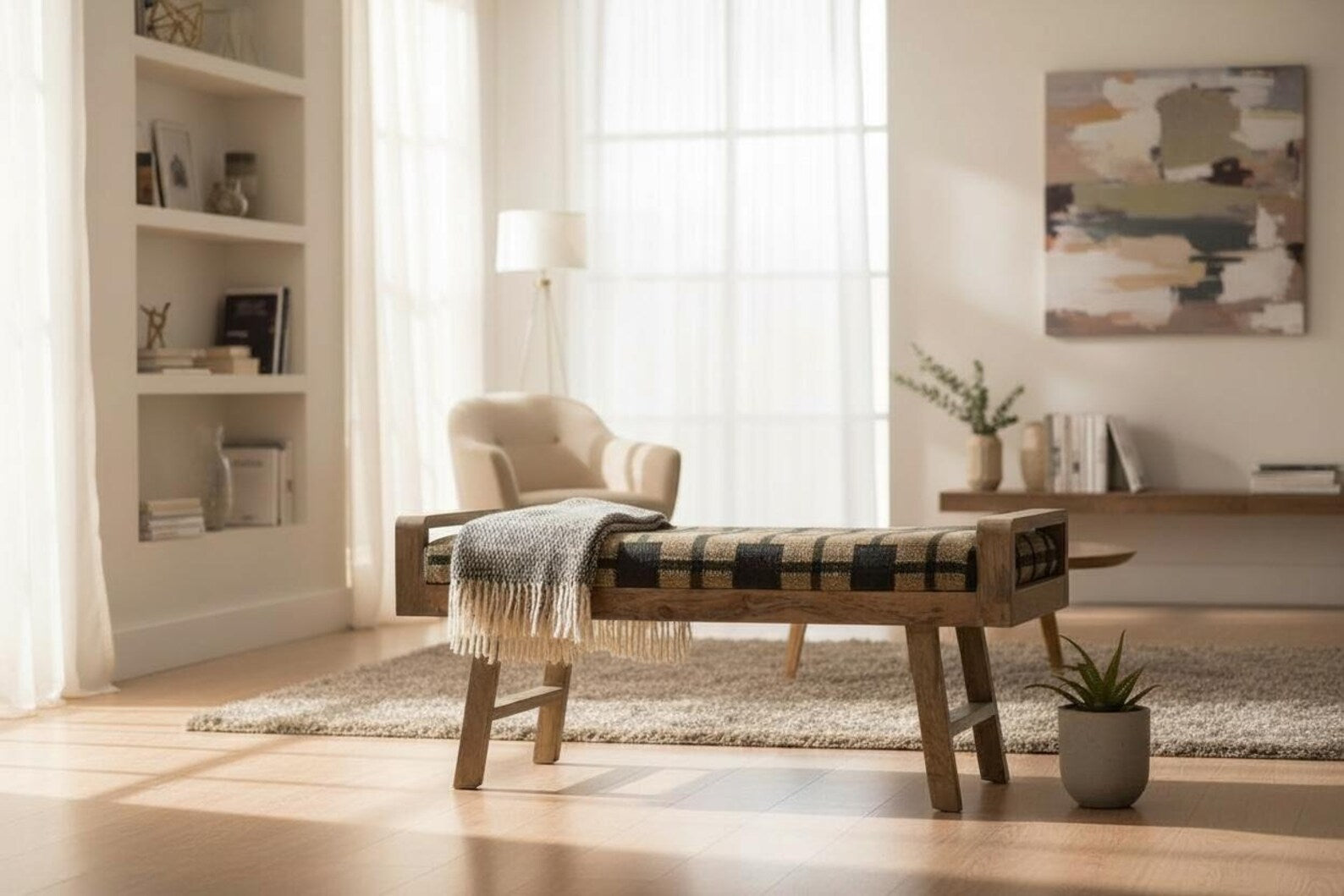 Wooden Folding Kilim Rug Bench – Handmade Green Boho Entryway Ottoman