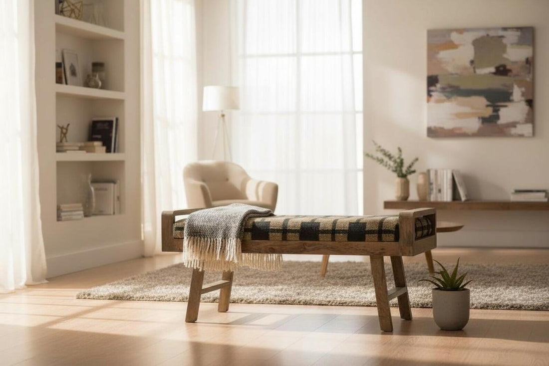 Wooden Folding Kilim Rug Bench – Handmade Green Boho Entryway Ottoman