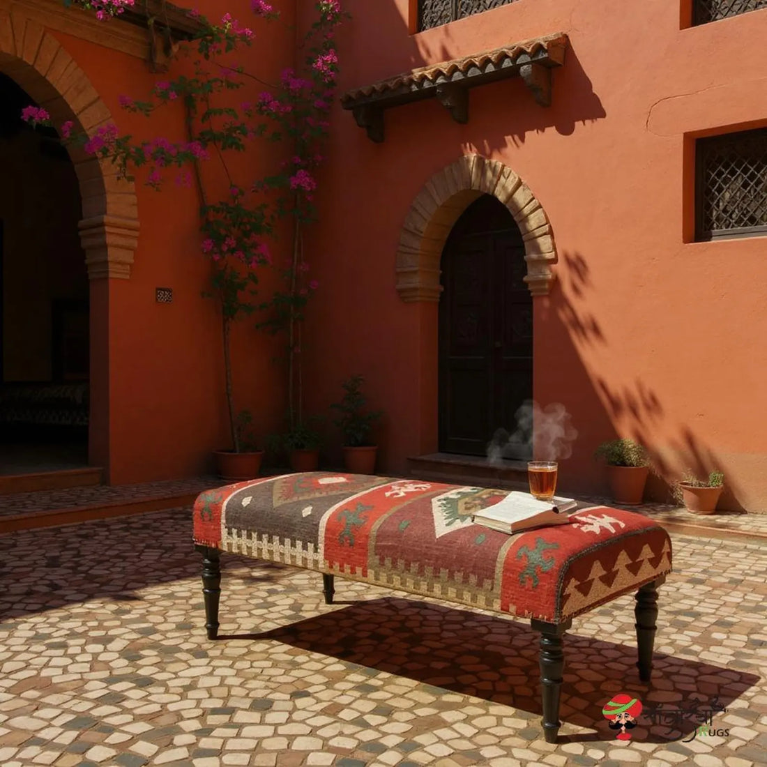 Handmade Kilim Rug Ottoman Bench – Wool Jute Upholstered Footstool