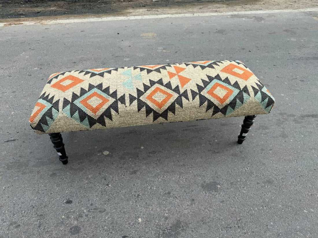 Handmade Kilim Entryway Bench – Wool Jute Upholstered Wooden Seat