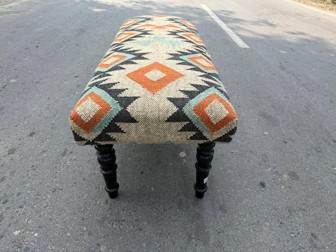 Handmade Kilim Entryway Bench – Wool Jute Upholstered Wooden Seat