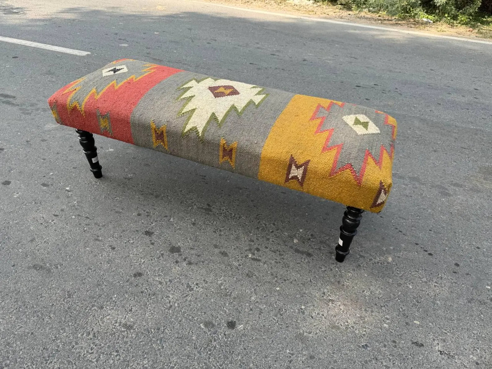 Handmade Wool Jute Kilim Rug Bench – Wooden Upholstered Ottoman in Turkish Vintage Style