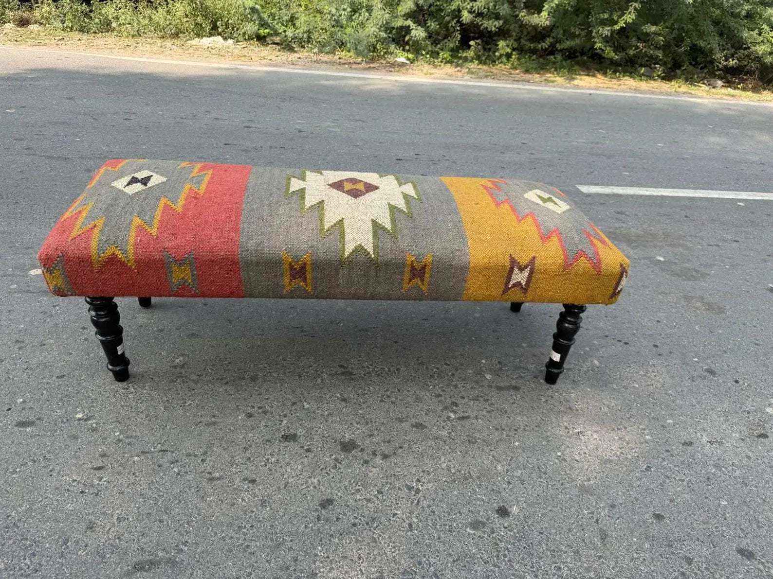 Handmade Wool Jute Kilim Rug Bench – Wooden Upholstered Ottoman in Turkish Vintage Style