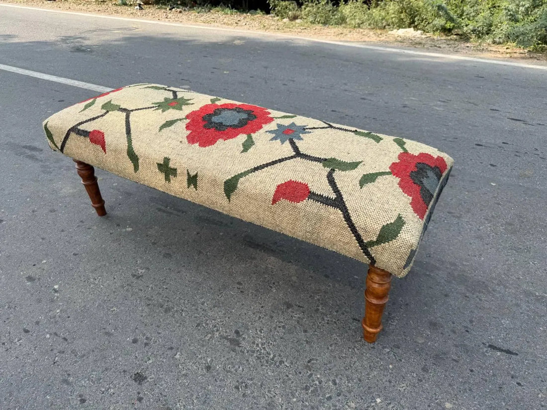 Kilim Flower Pattern Wooden Wool Jute Ottoman Bench – Handmade Vintage Entryway Furniture