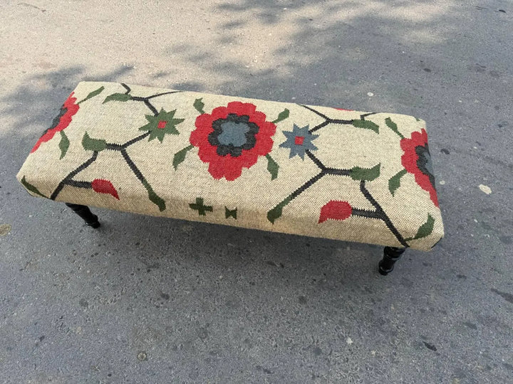 Kilim Flower Pattern Wooden Wool Jute Ottoman Bench – Handmade Vintage Entryway Furniture