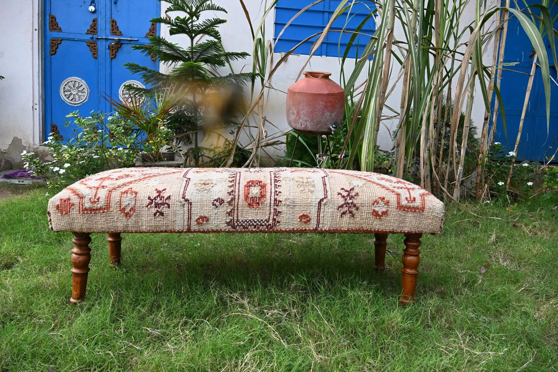 Handmade Kilim Bench – Wool Jute Upholstered Teak Wood Entryway & Piano Seating