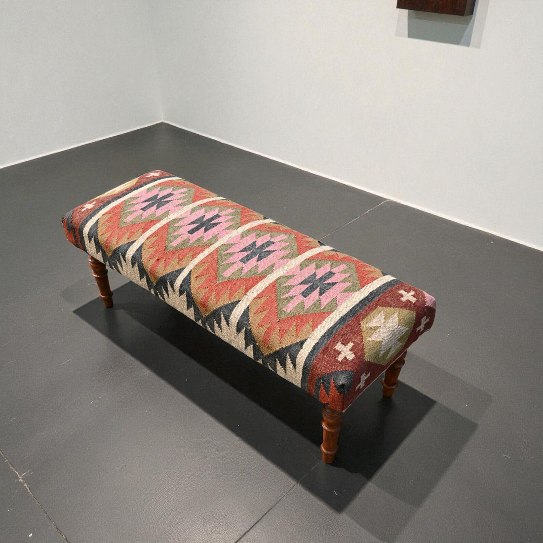 Handmade Kilim Entryway Bench – Wool Jute Upholstered Wooden Ottoman