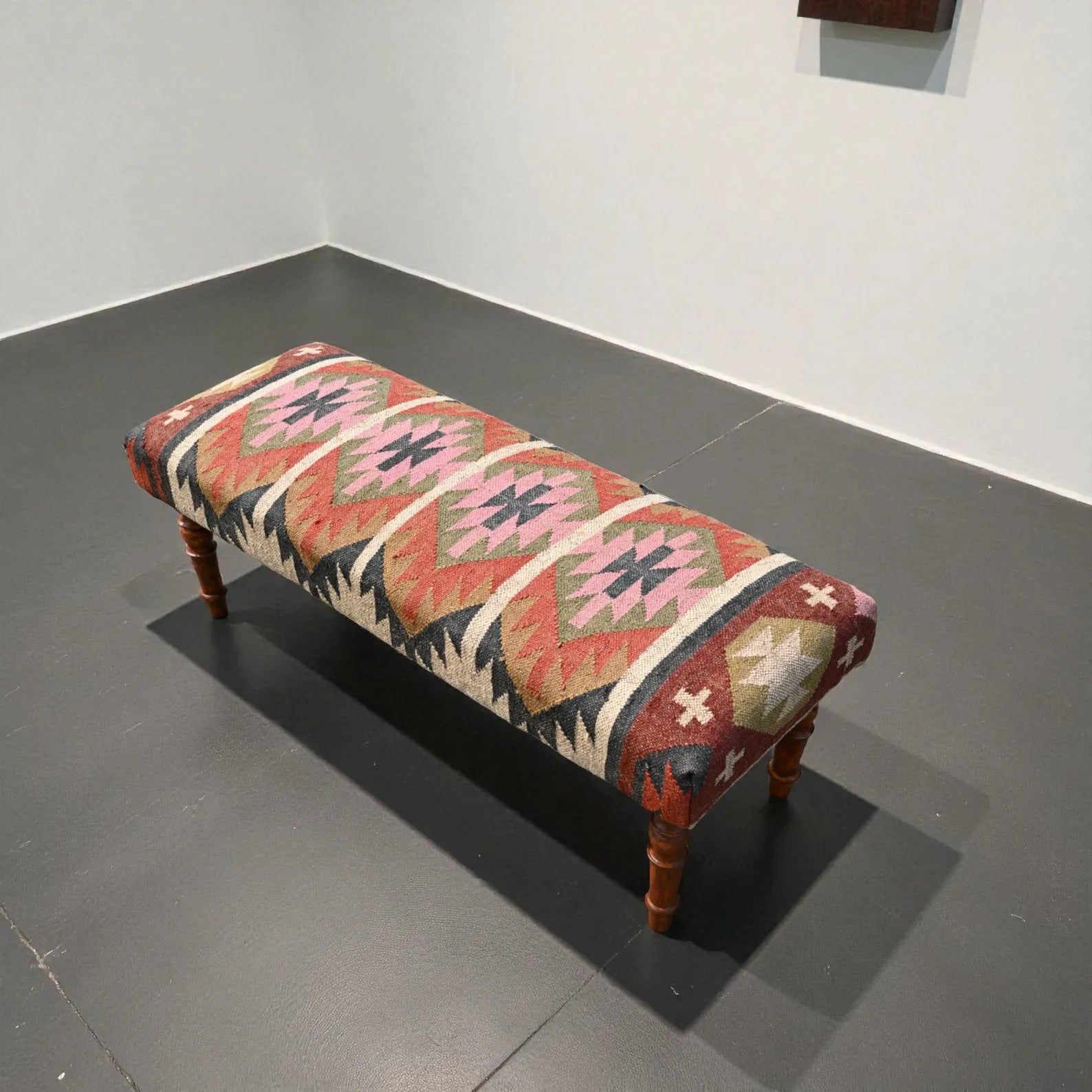 Handmade Kilim Bench – Teak Wood Wool Jute Entryway & Piano Seating