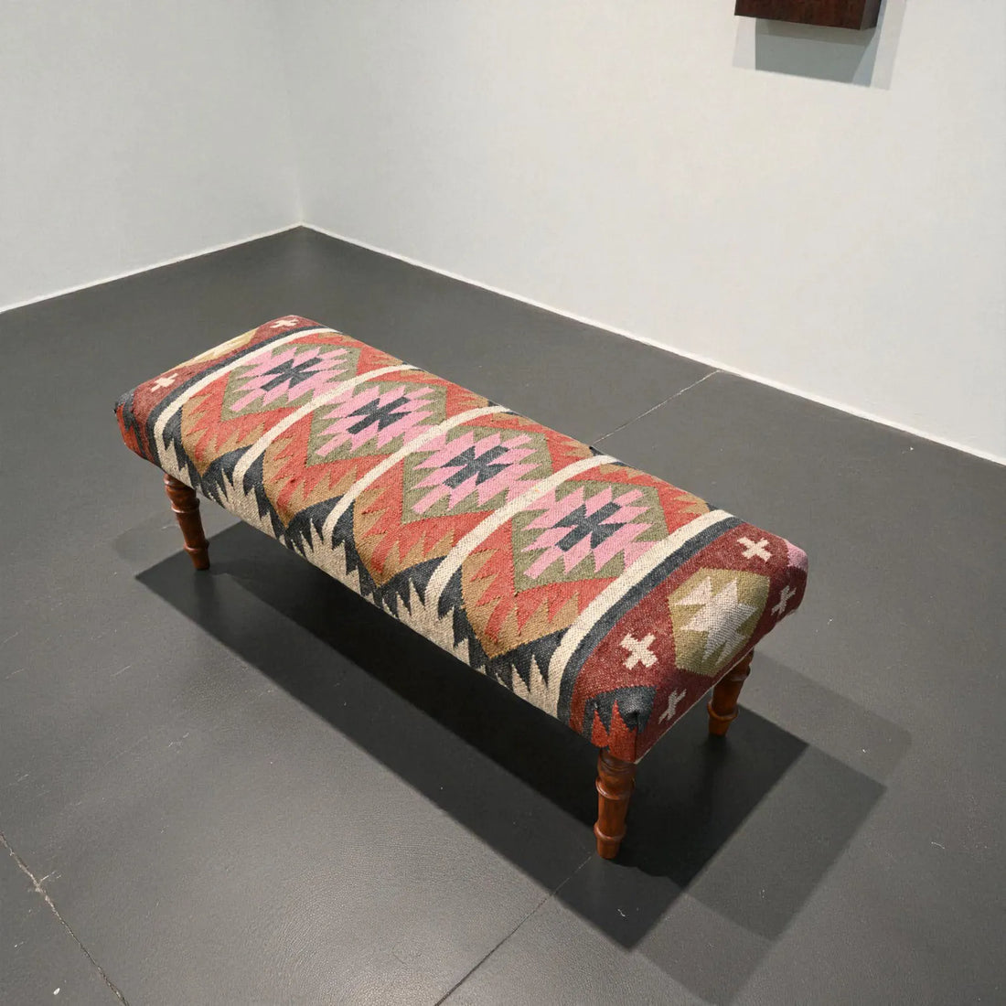 Handmade Kilim Bench – Teak Wood Wool Jute Entryway & Piano Seating