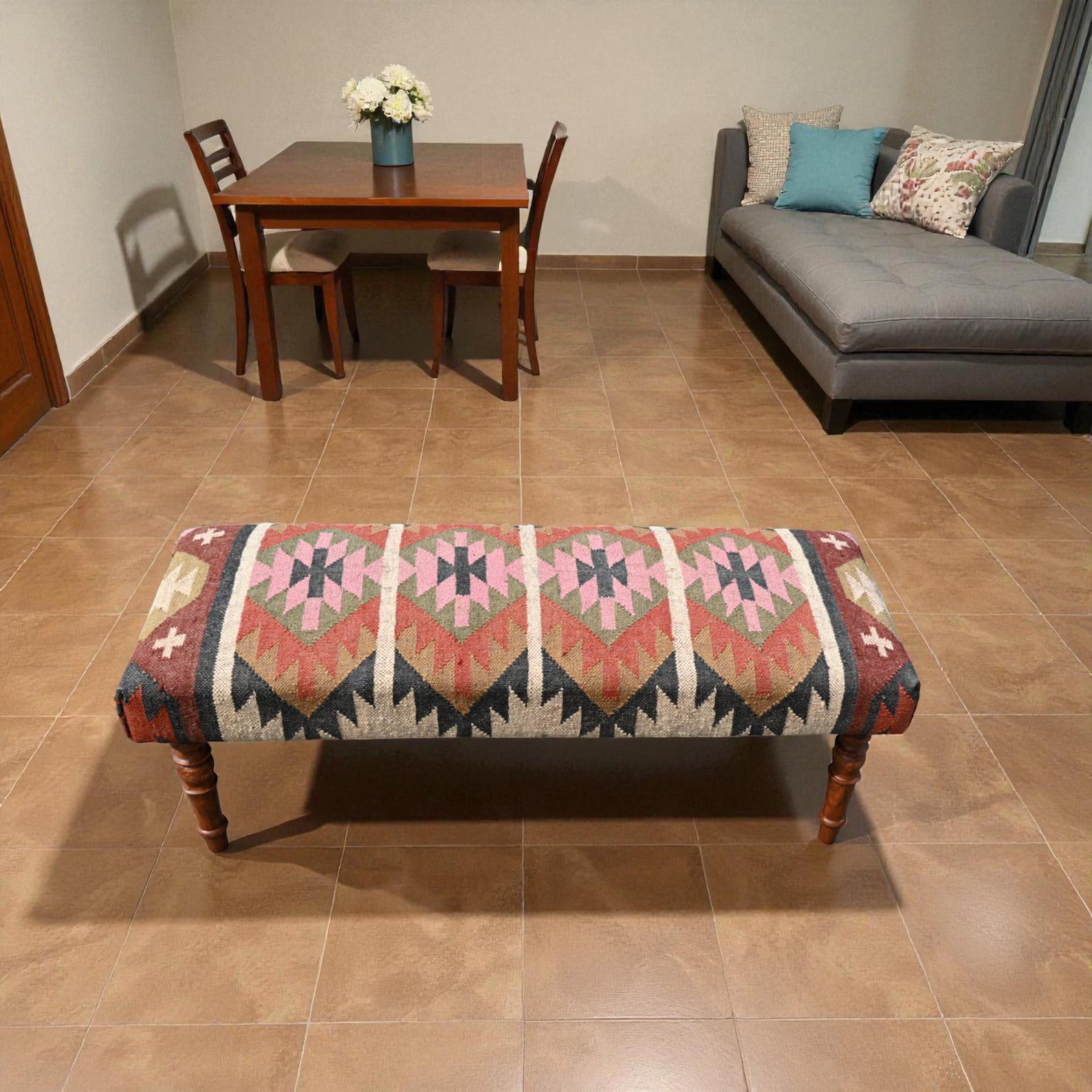 Handmade Kilim Entryway Bench – Wool Jute Upholstered Wooden Ottoman