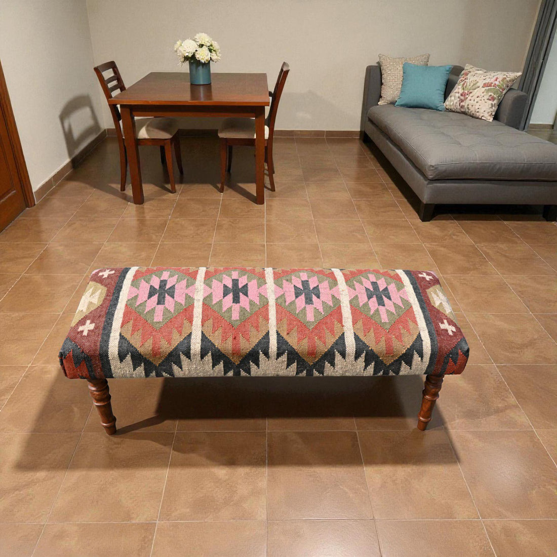 Handmade Kilim Entryway Bench – Wool Jute Upholstered Wooden Ottoman