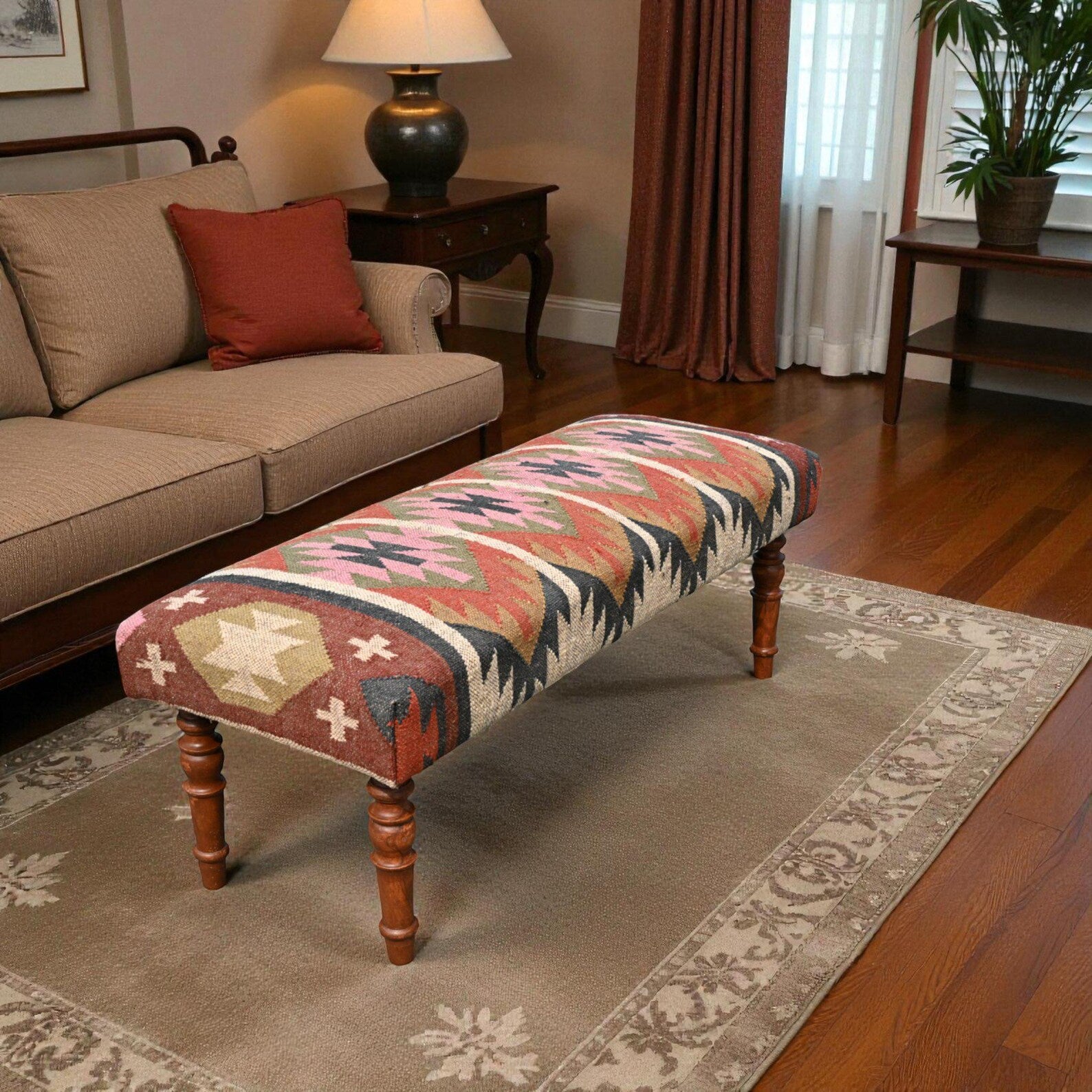 Handmade Kilim Entryway Bench – Wool Jute Upholstered Wooden Ottoman