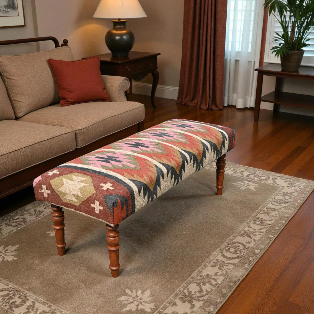 Handmade Kilim Bench – Teak Wood Wool Jute Entryway & Piano Seating