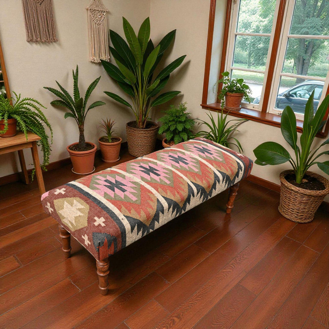 Handmade Kilim Entryway Bench – Wool Jute Upholstered Wooden Ottoman