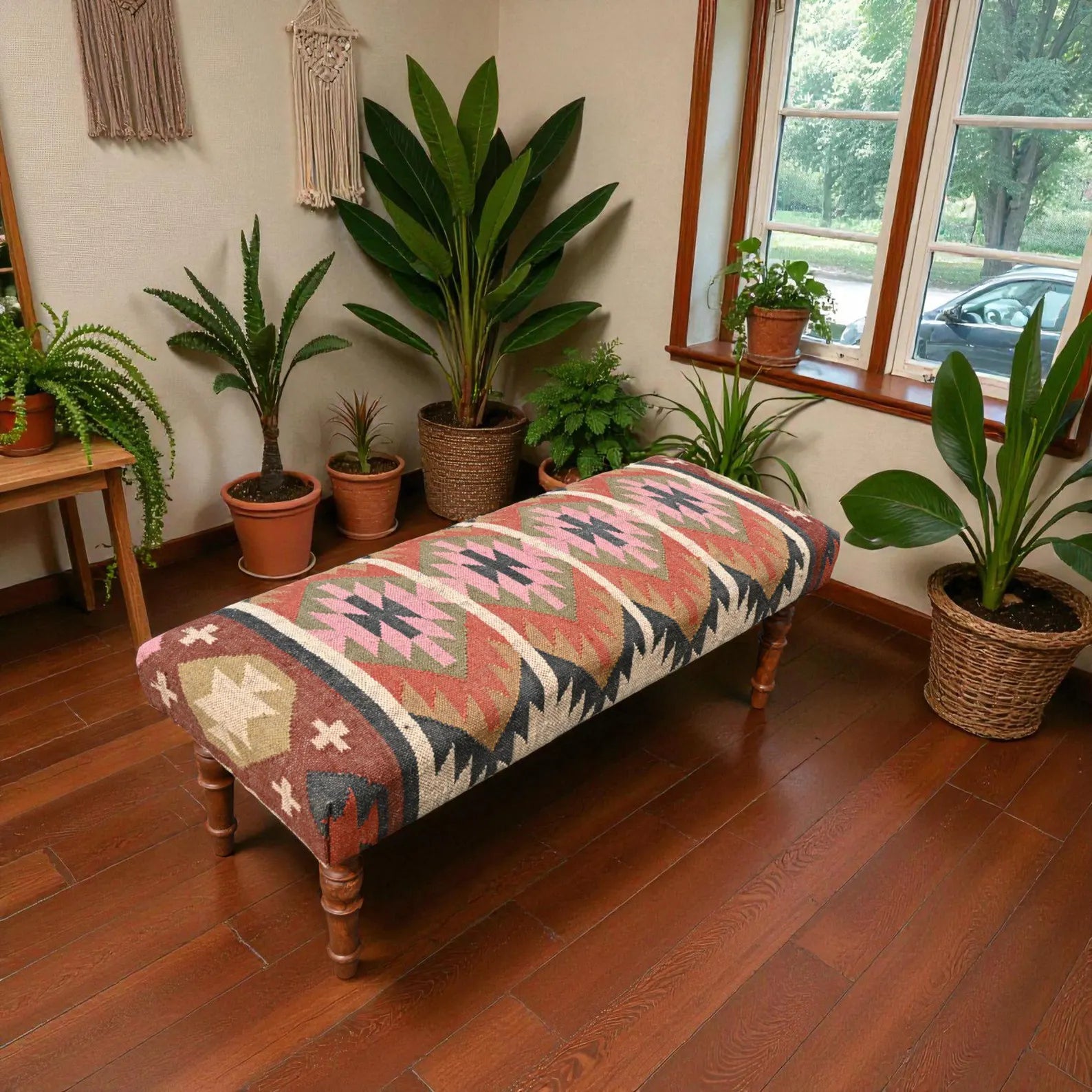 Handmade Kilim Bench – Teak Wood Wool Jute Entryway & Piano Seating