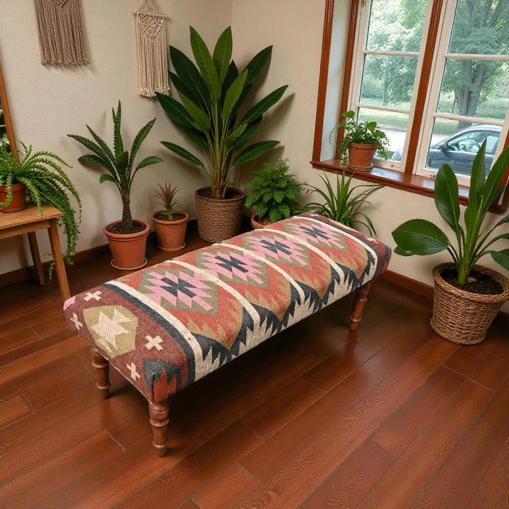 Kilim Bench Ottoman – Handmade Turkish Kilim Upholstered Accent Footstool