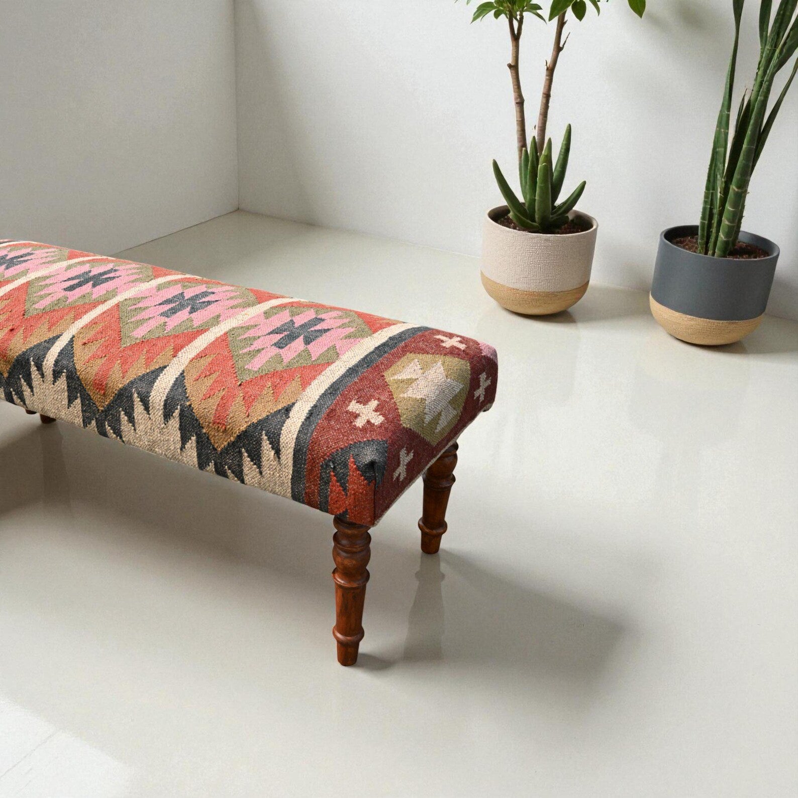 Handmade Kilim Entryway Bench – Wool Jute Upholstered Wooden Ottoman