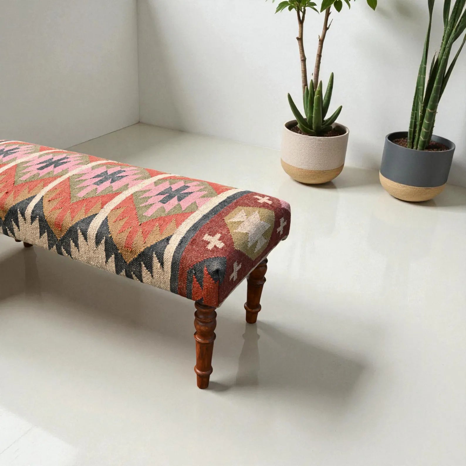 Handmade Kilim Bench – Teak Wood Wool Jute Entryway & Piano Seating