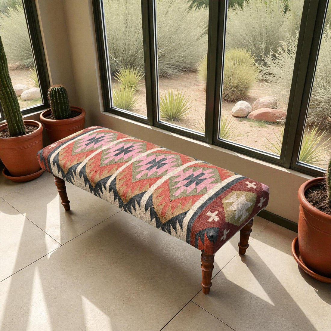 Handmade Kilim Entryway Bench – Wool Jute Upholstered Wooden Ottoman